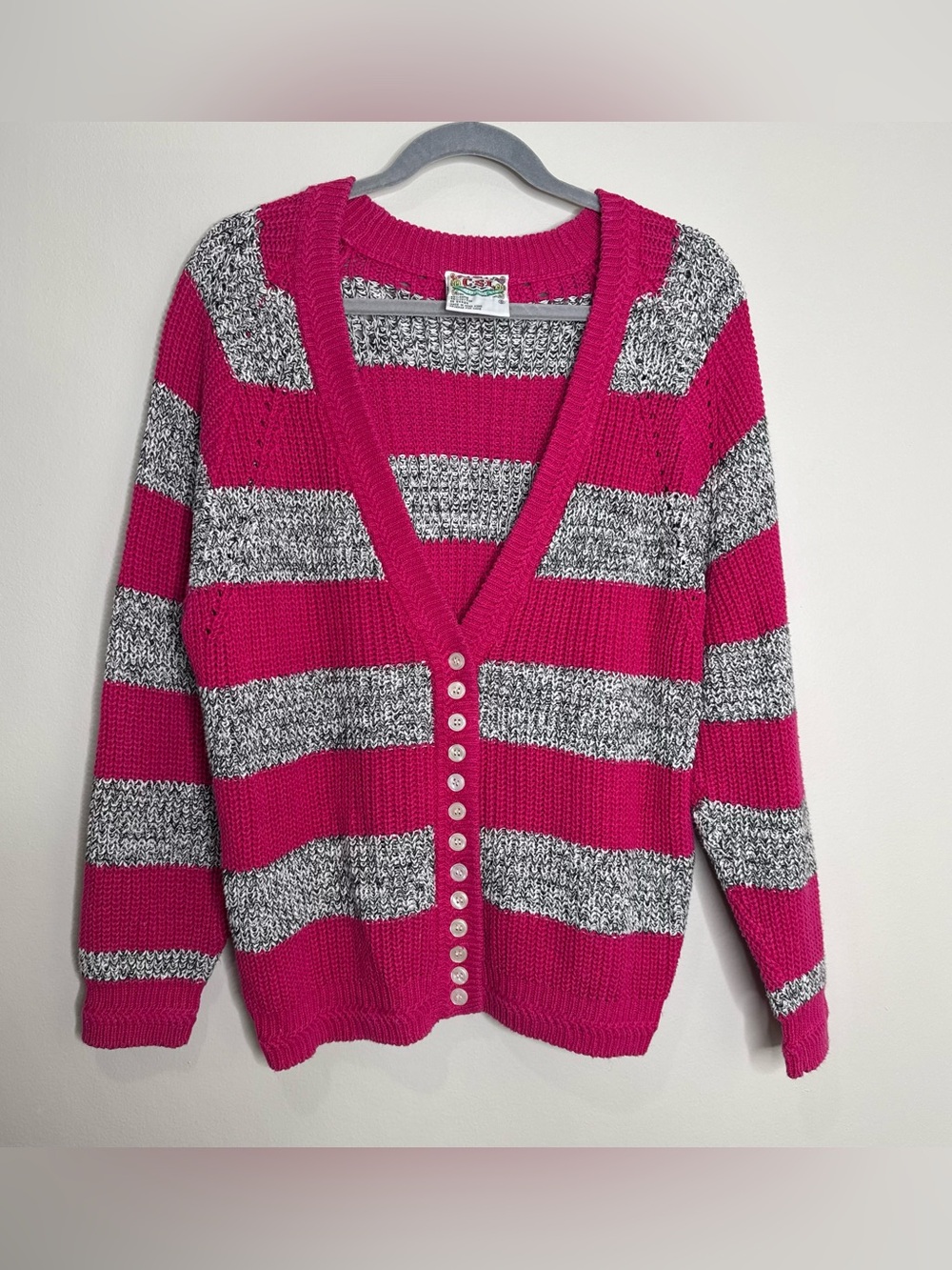 Vintage Striped V-neck‎ Button Front Chunky Knit Cardigan Sweater Ramie Cotton S